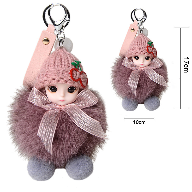 Keychains Lanyards Cute Big Eyes Doll Pompom Keychain Real Fur Pendant For Women Bag Car KeyRing Phone Fine Jewelry Accessories Kids Girl Gift 230710