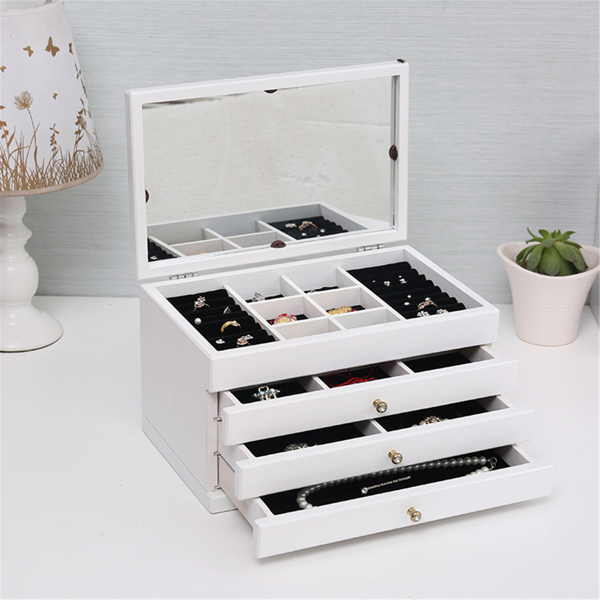 Jewelry Boxes 6 Tier Wooden Box Hollow Mirror Display Ring Storage Multi Purpose Gift Vintage Cabinet Top 230710