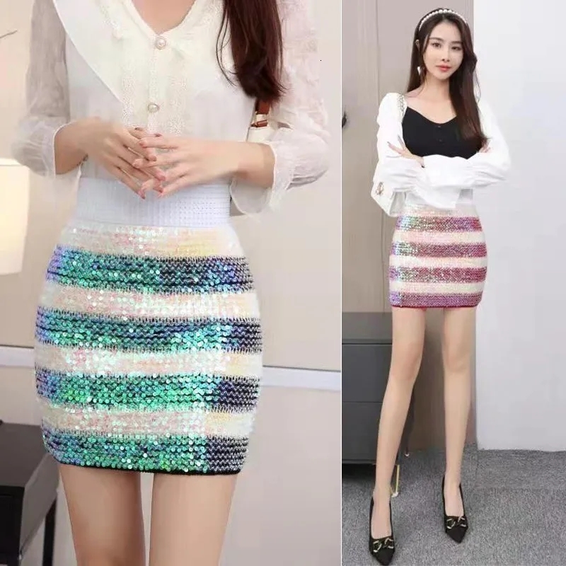 Skirts Women's high waist office Pencil skirt sequins color striped skirt women's Miniskirt women's ultra-thin body skirt 230710