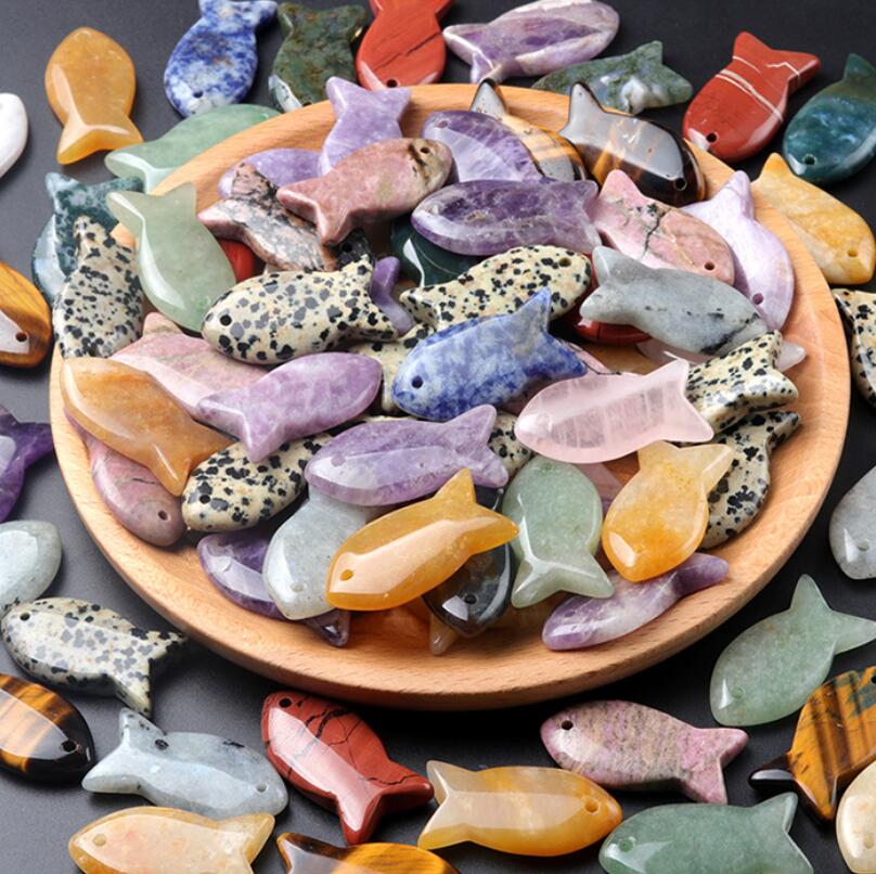 Natural Stone Fish Shape Pendant Amethyst Pink Crystal Charms DIY Necklace Energy Stone Healing Meditation Yoga Gift