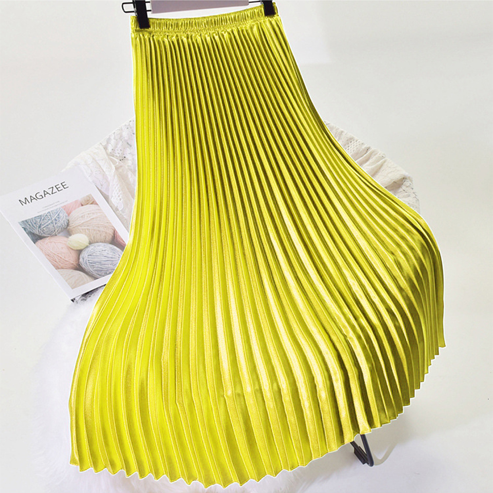 Skirts Korean Women's Fashion Pleated Satin Long Dress Autumn High Waist Metal Purple Green Yellow Red Full Match Saia SS0036 230710