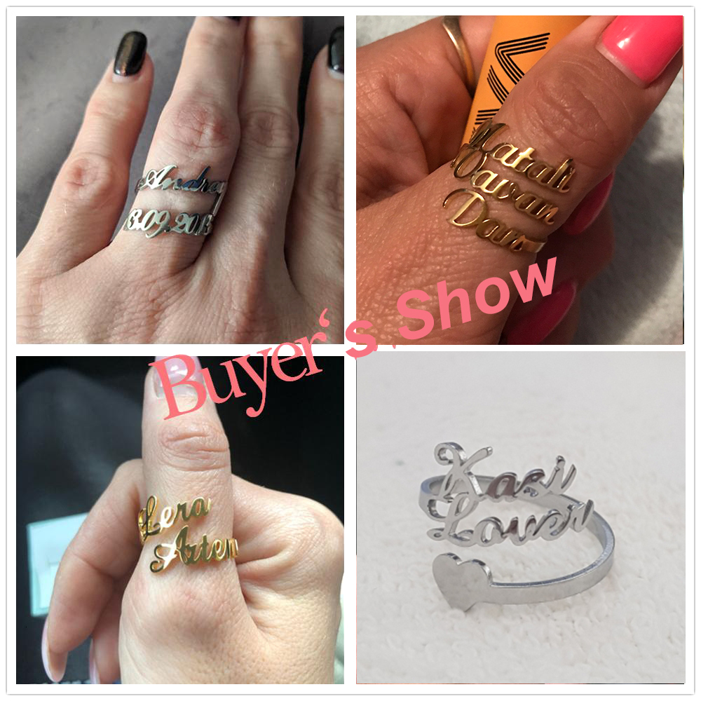 Band Rings Teamer Custom Double Name Ring for Women Men Family Personalized Stainless Steel Jewelry Couple Open Romantic Birthday Gift 230710