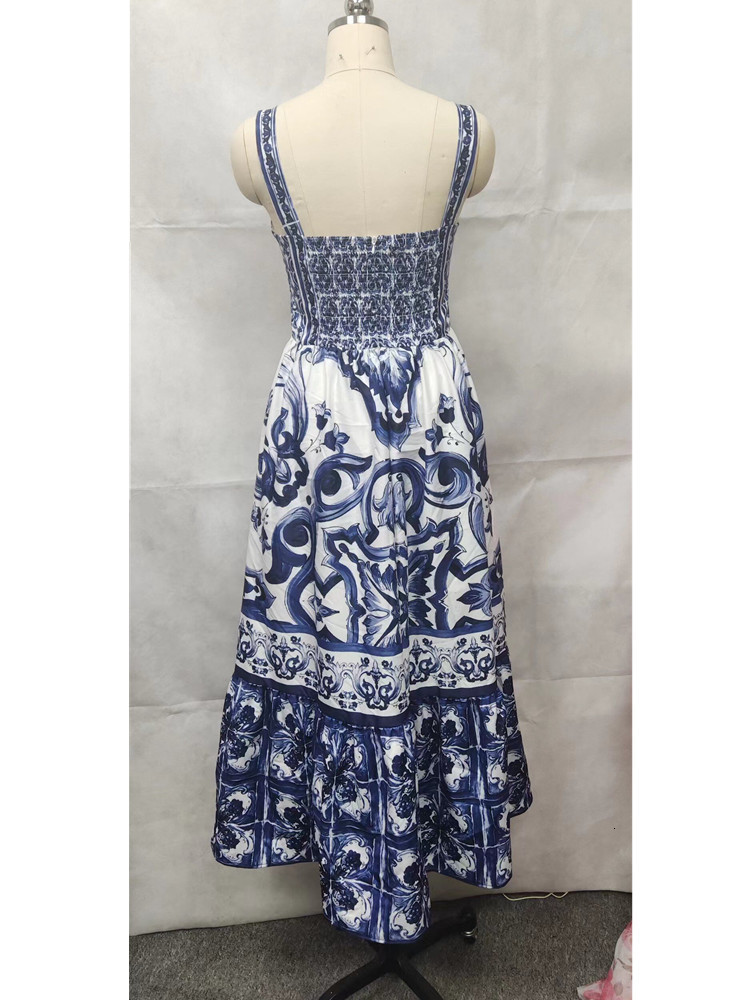 Basic Casual Dresses Runway Summer Holiday Maxi Dress Women's Spaghetti Shoulder Strap V-Neck Backless Blue and White Tile Printing Holiday Lengt