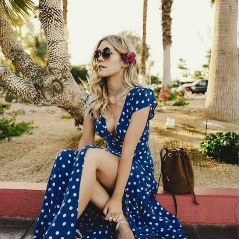Casual Dresses Split Maxi Dots Dress Female Ladies V-Neck Sexy For Women Lace-Up Summer Long Fashion Beach Party Vestidos
