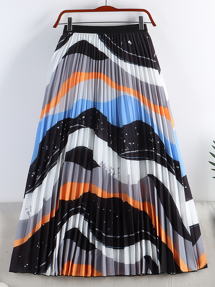 Skirts TIGENA Fashion Pleated Skirt Women Aesthetical Contrast Color Printed A Line High Waist Midi Long Skirt Female 230710