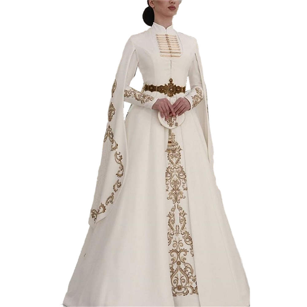 Traditional Caucasus Wedding Dresses with Cape Long Sleeve Gold Embroidery Arabic Kaftan Turkey Muslim high neck Bride Gown