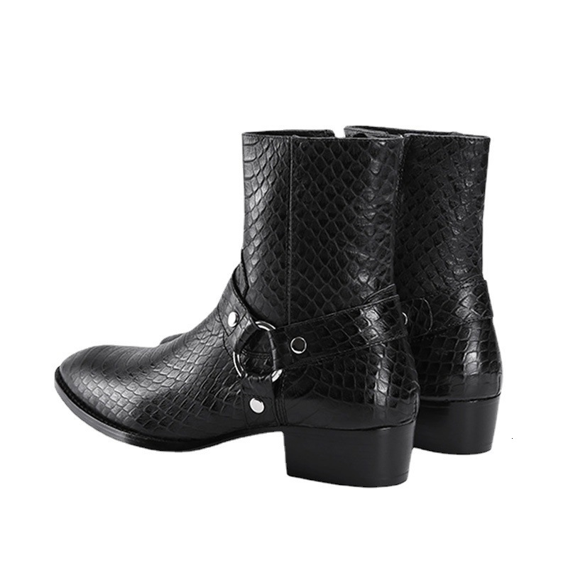 Men Shoes Handmade High-grade Black PU Python Pattern Belt Mid-heel Side Zipper Fashion All-match Dress Ankle Boots XM445 211102