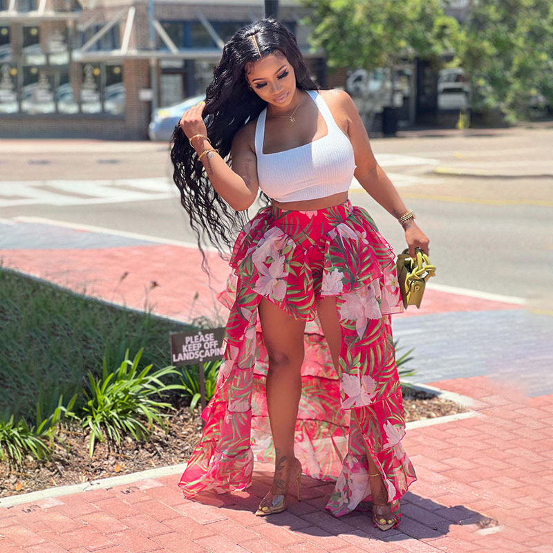 Skirts Adogirl Floral Leaf Print Cascading Ruffles Maxi Chiffon Skirt Summer Women Fashion Casual Hi-lo Asymmetrical Beachwear 230710