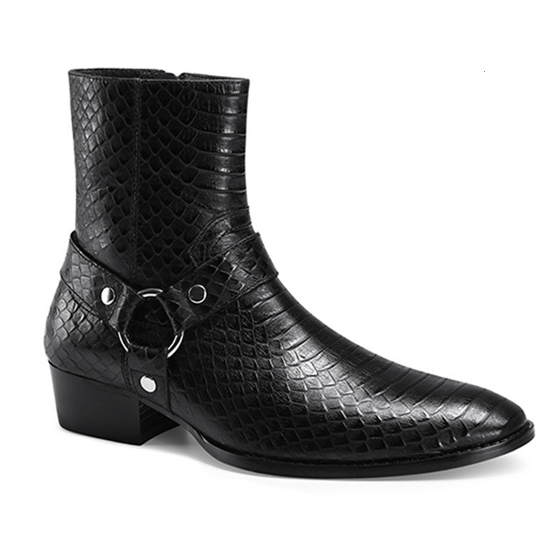 Men Shoes Handmade High-grade Black PU Python Pattern Belt Mid-heel Side Zipper Fashion All-match Dress Ankle Boots XM445 211102