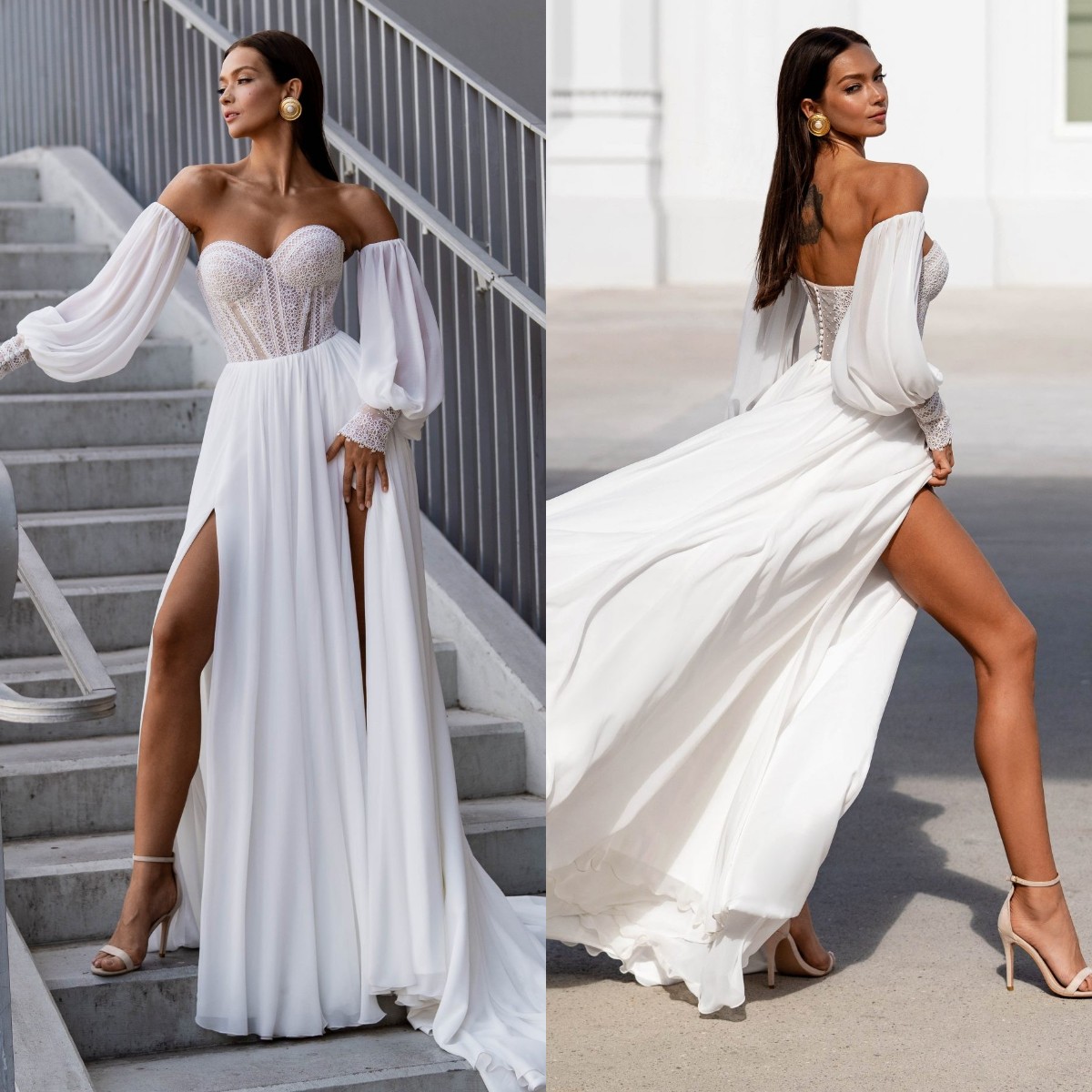 Bohemian A e Dresses Sweetheart Chiffon Bohemia Lace Wedding Dress Sleeves Backless Slit Long designer bridal gowns sweep train