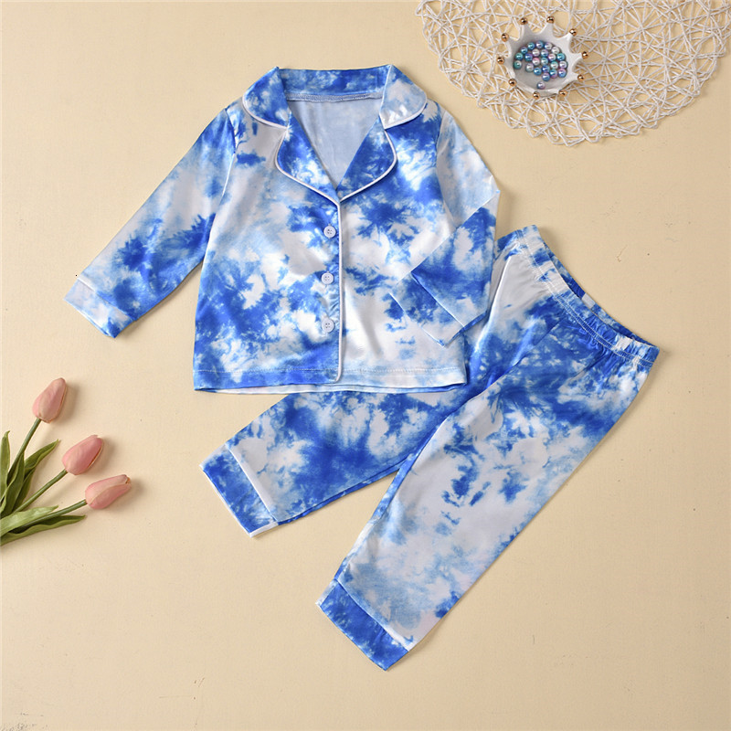 Pajamas Childrens Kids Pyjamas Silk Satin Tie Dye Print Button Tops Pants Autumn Long Sleeve Sleepwear Nightwear Girls Boys Pajama Sets 230710W240716