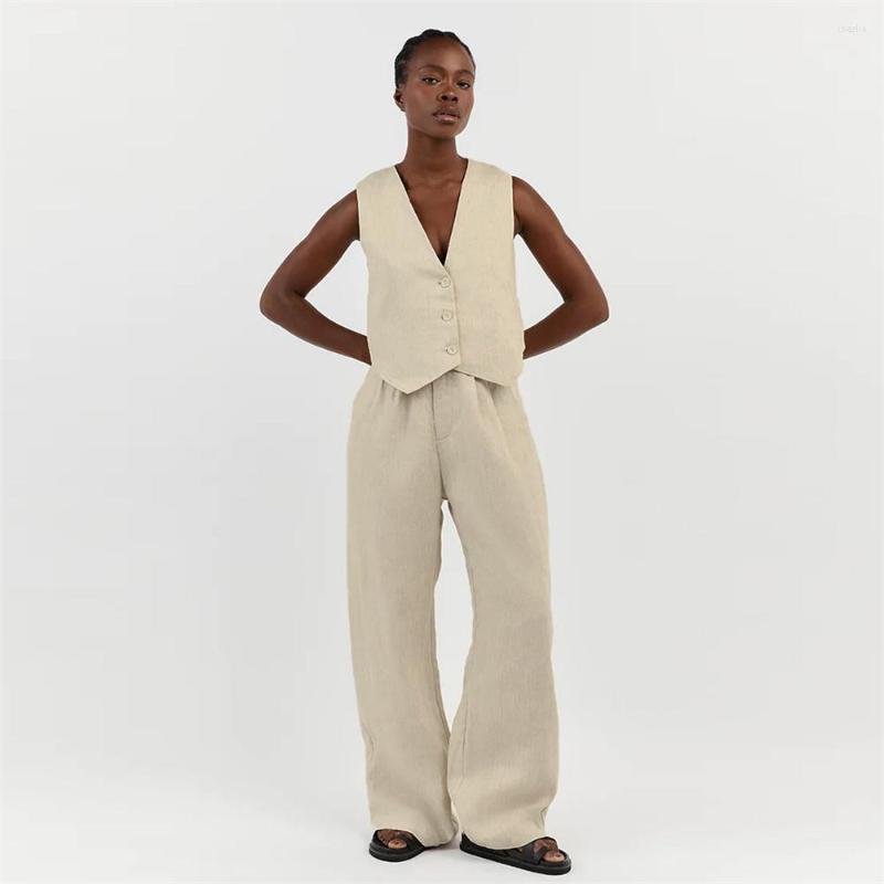 Women's Pants White Cotton Linen Vest Pant Sets Sleeveless Button V-neck Waistcoat 2 Pieces Set 2024 Womens Elegant Top Shorts Suits