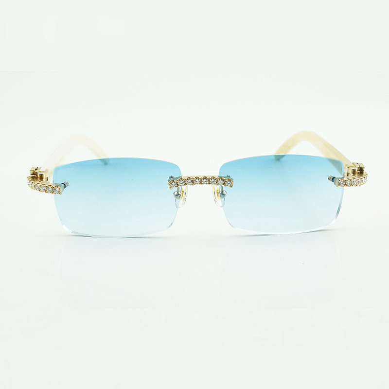 Frameless Buffs Moissanite Diamond Sunglasses 3524012, with natural white buffalo horns 56mm lenses for men and women