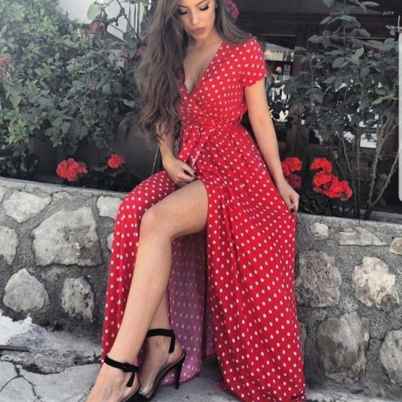 Casual Dresses Split Maxi Dots Dress Female Ladies V-Neck Sexy For Women Lace-Up Summer Long Fashion Beach Party Vestidos