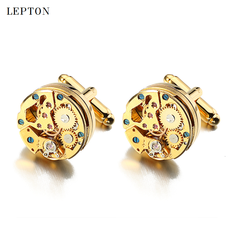 Cuff Links Lepton Watch Movement Cufflinks for immovable Gold Color Steampunk Gear Mechanism links Mens Relojes gemelos 230710