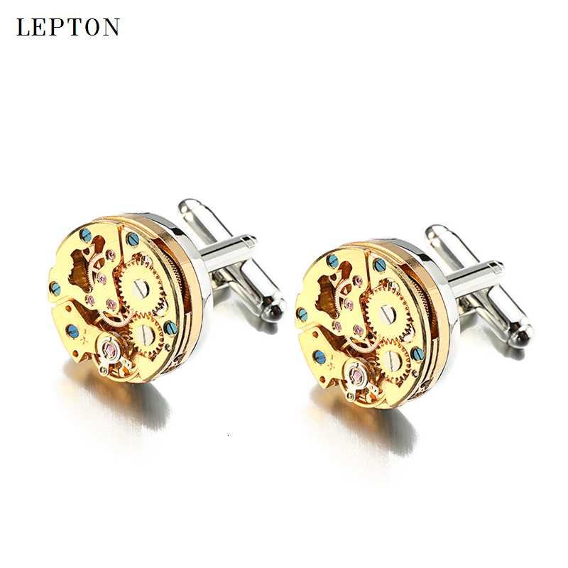 Cuff Links Lepton Watch Movement Cufflinks for immovable Gold Color Steampunk Gear Mechanism links Mens Relojes gemelos 230710
