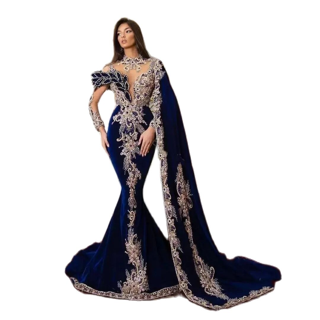 Royal Blue Veet Mermaid Prom High Neck Long Sleeve Dress Elegant Pleats Beading Evening Gowns