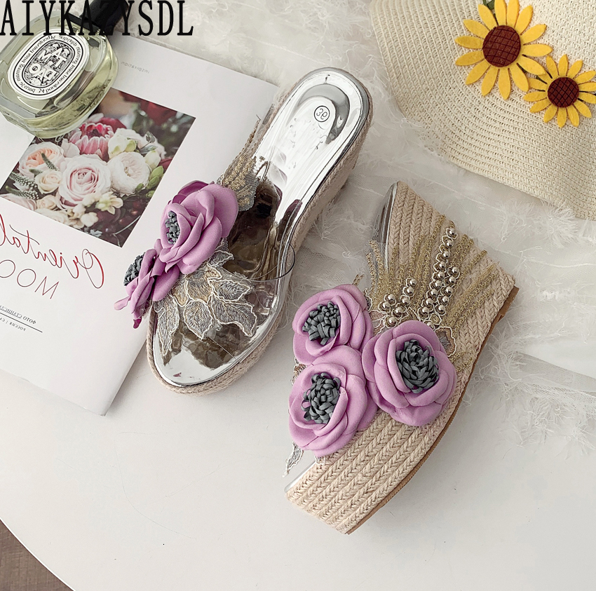 Sandals AIYKAZYSDL Boho Bohemia Sandals Floral Flower Sandals Straw Cane Hemp Rope Slippers Beach Summer Shoes String Bead Mule Slides 230710