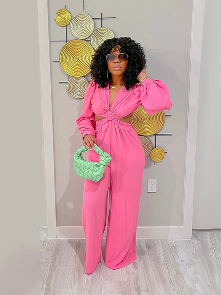 Women's Jumpsuits Rompers Women's sexy hollow pleated jumpsuit Fashion V-neck long sleeve wide leg Catsuit Spring Women's elegant dress