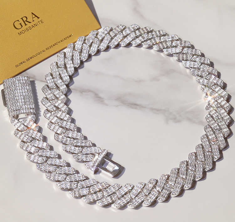 Solid Sier 19mm Wide Gra Baguettes Moissanite Dia Cuban k Chain for Mens Rapper Hip Hop Necklace
