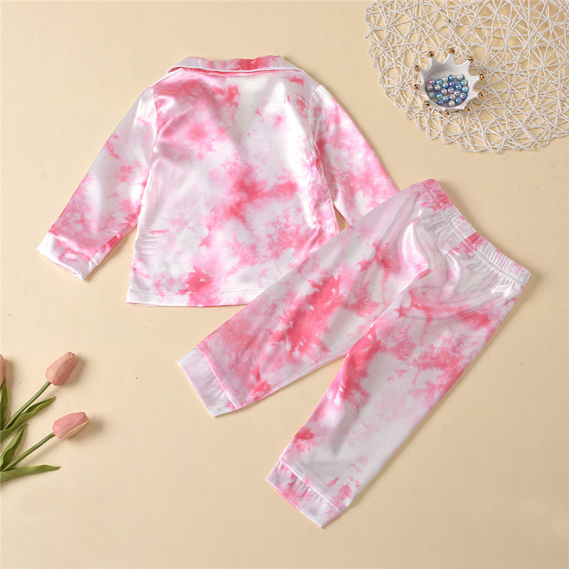 Pajamas Childrens Kids Pyjamas Silk Satin Tie Dye Print Button Tops Pants Autumn Long Sleeve Sleepwear Nightwear Girls Boys Pajama Sets 230710W240716