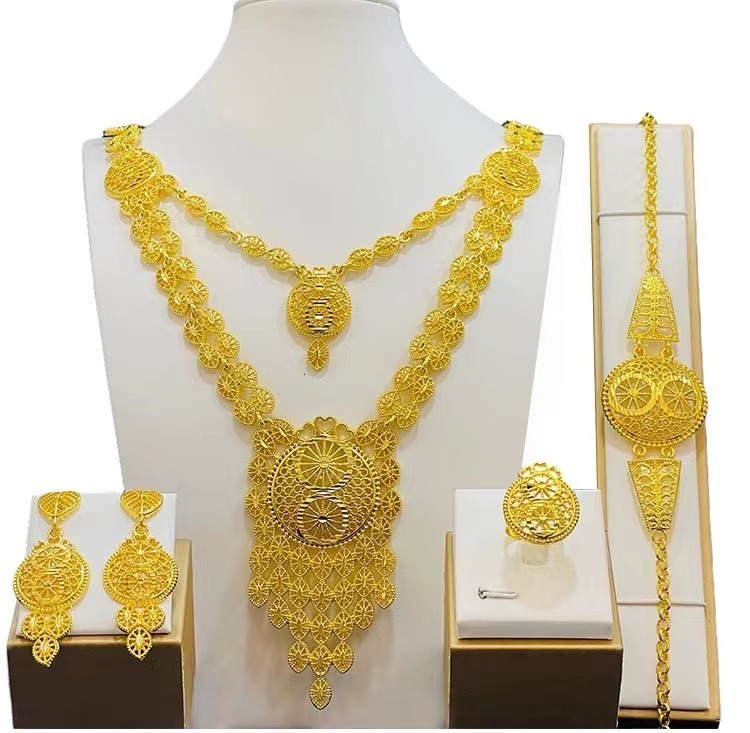 Bracelet Earrings Necklace Africa 24K Gilded Jewelry Set Dubai Wedding Necklace Earrings Nigerian Women Indian Bride 4PCS Set Party Gift 230711
