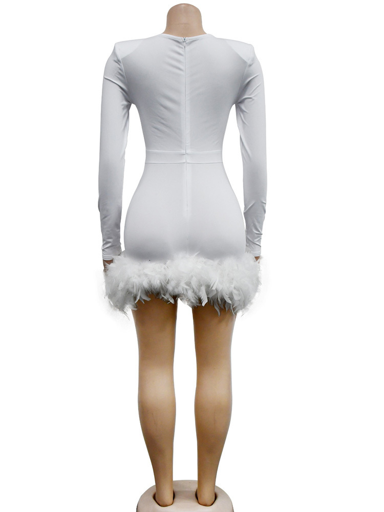 Basic Casual Dresses Beyprern Elegant White Mesh Feather Slim Mini Dress Woman Evening Party Birthday Outfits Clothing Female Clubwear 230710