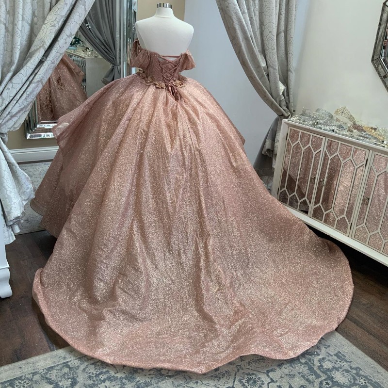 Rose Gold Shiny Straps Off the Shoulder Quinceanera Dress Ball Gown Bling Crystal Appliques Lace 3DFlower Corset Vestido De 15
