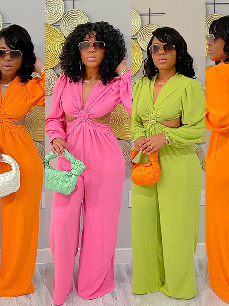 Women's Jumpsuits Rompers Women's sexy hollow pleated jumpsuit Fashion V-neck long sleeve wide leg Catsuit Spring Women's elegant dress