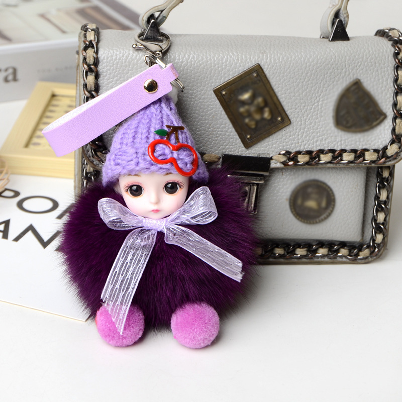 Keychains Lanyards Cute Big Eyes Doll Pompom Keychain Real Fur Pendant For Women Bag Car KeyRing Phone Fine Jewelry Accessories Kids Girl Gift 230710