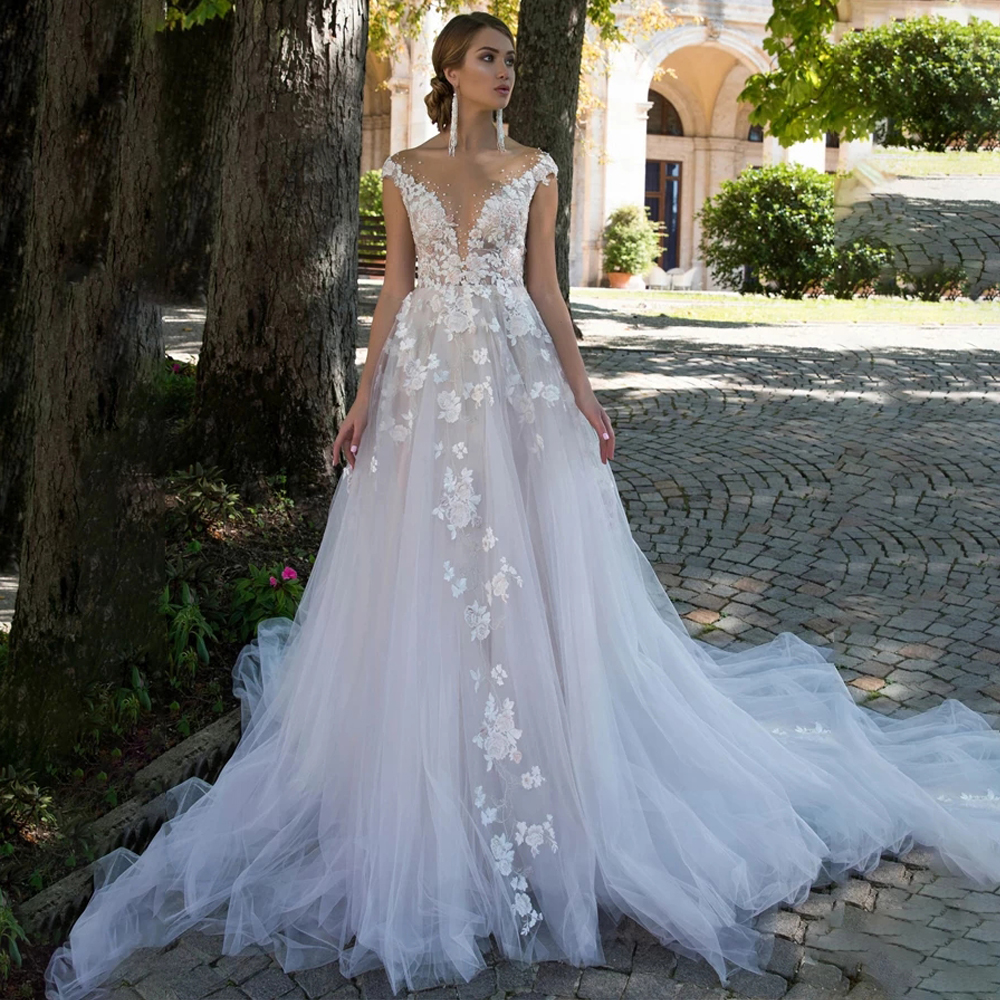 Elegant Sheer Neck A Line Wedding Dresses Lace Appliques Bead Bridal Gown See Through Button Back Vestidos De Novia for Bride