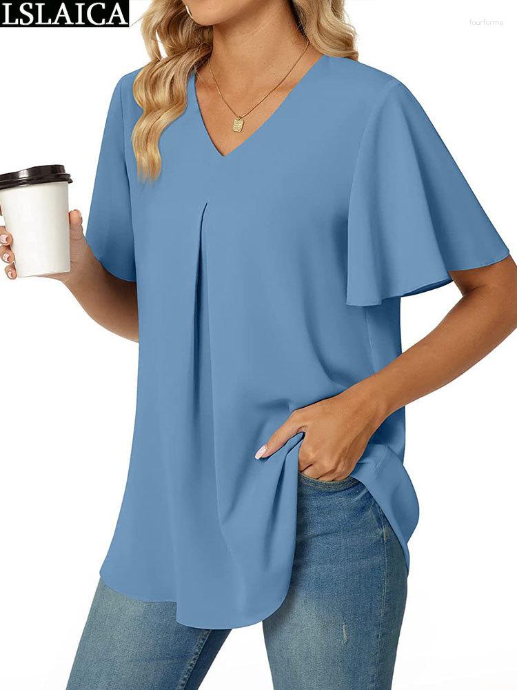 Women's V Neck Short Sleeve Solid Color Casual Blouse Tops Shirts Summer Polyester Work Office Clothes B4