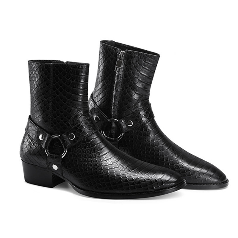 Men Shoes Handmade High-grade Black PU Python Pattern Belt Mid-heel Side Zipper Fashion All-match Dress Ankle Boots XM445 211102
