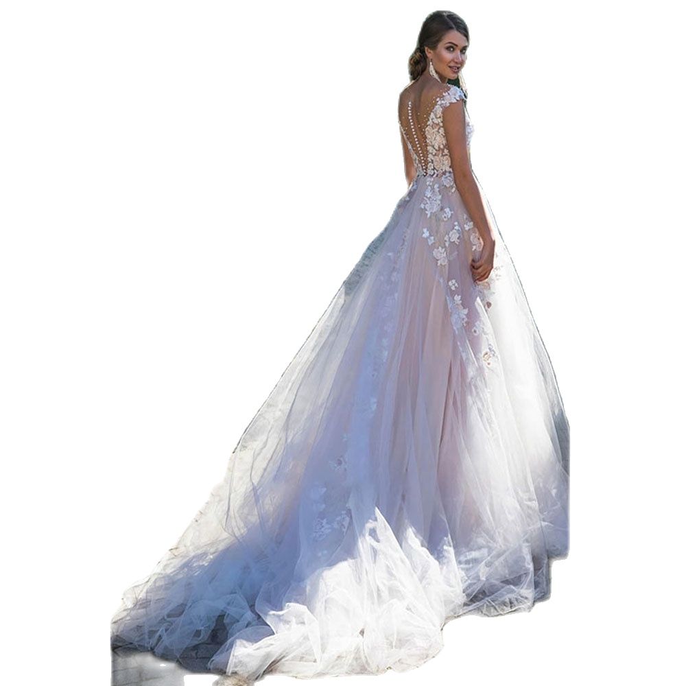 Elegant Sheer Neck A Line Wedding Dresses Lace Appliques Bead Bridal Gown See Through Button Back Vestidos De Novia for Bride