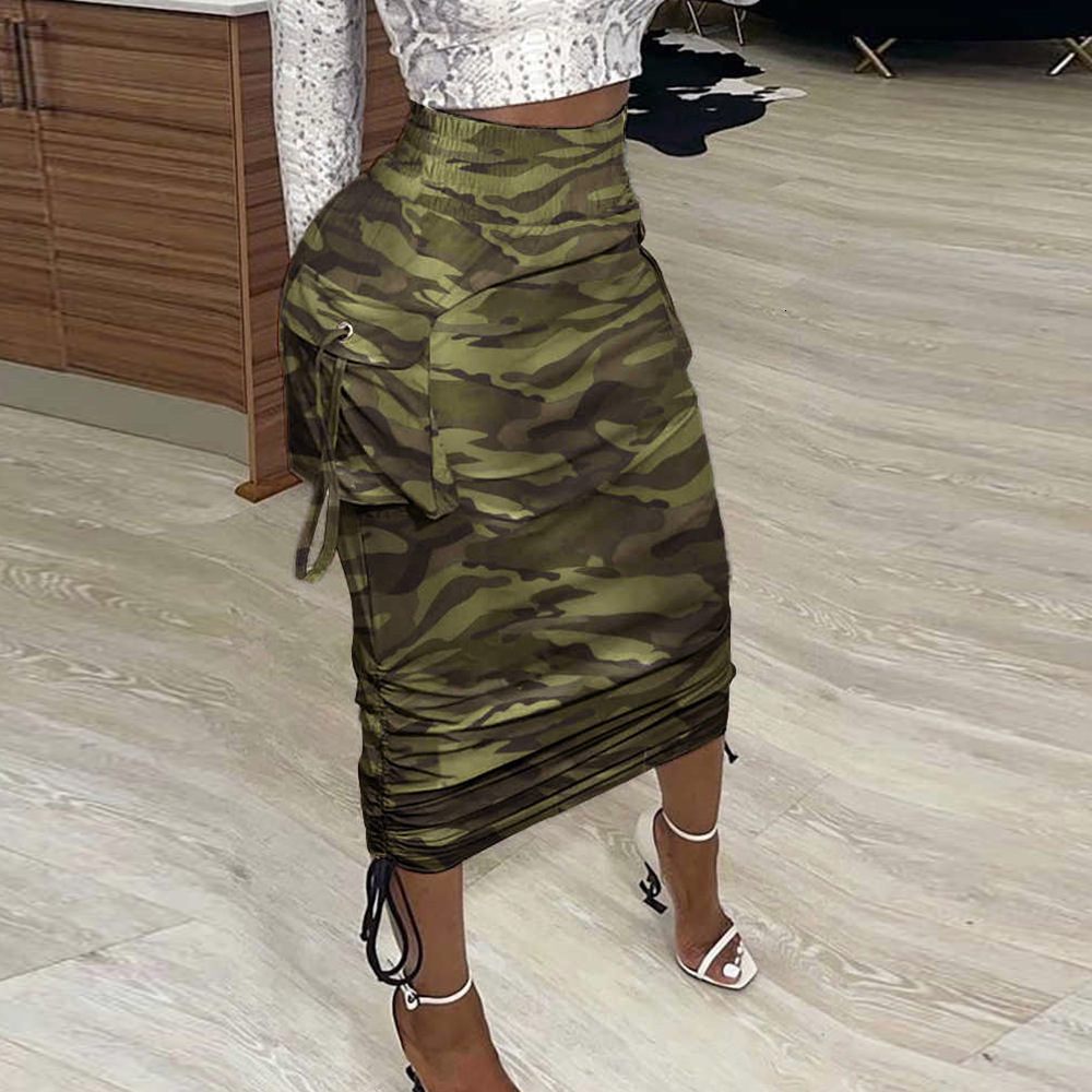 Skirts Drawstring Ruched High Waist Midi Skirts Women Pocket Summer Faldas Camo Paper Bodycon Pencil Skirt Female Jupes 230710