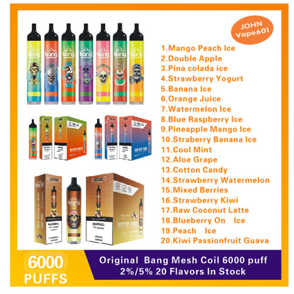 Original Bang Mesh Coil 6000 Puffbar Disposable E cigarettes puff 6000 Vape Pen 14ml Pre-filled Pods Cartridge 1100mAh Rechargeable Battery 
Original Bang Mesh Coil 6000 Puffbar Disposable E cigarettes puff 6000 Vape Pen 14ml Pre-filled Pods Cartridge 1100mAh Rechargeable Battery