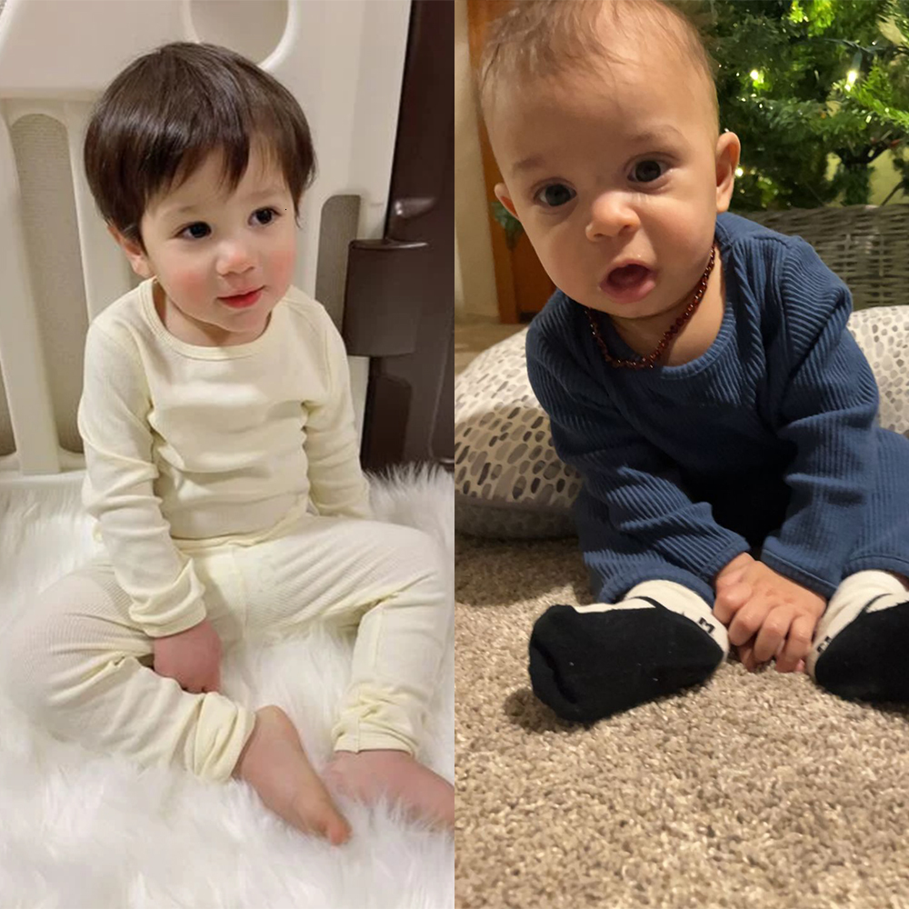 Pajamas 2Pcs Solid Ribbed Knitting Boys Girls Pyjamas Sets Kids Pajamas PulloverPants Cotton Clothes Long Sleepwear Tracksuit Costume 230710