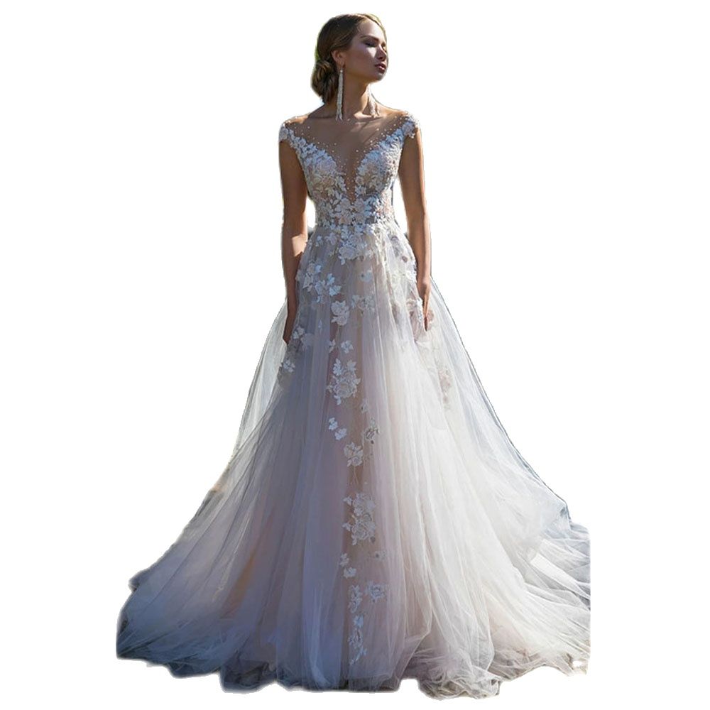 Elegant Sheer Neck A Line Wedding Dresses Lace Appliques Bead Bridal Gown See Through Button Back Vestidos De Novia for Bride