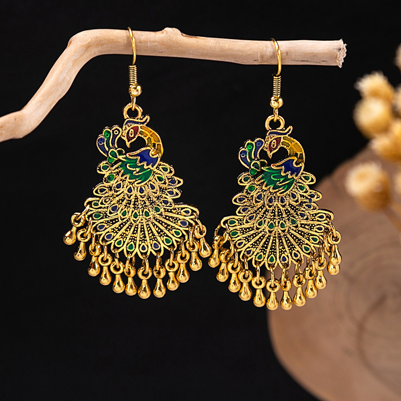 Stud Boho Peacock Earrings for Women Ethnic Vintage Geometric Metal Animal Drop Hook Long Jewelry Fashion Gift 230710