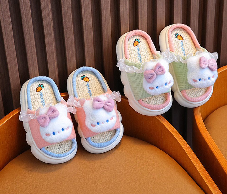 Slipper Children's Girls Linen Bowknot Rabbit Slippers Cute Cartoon Home Comfortable Slippers Non-Slip Soft Breathable Flat Kids Slipper 230710