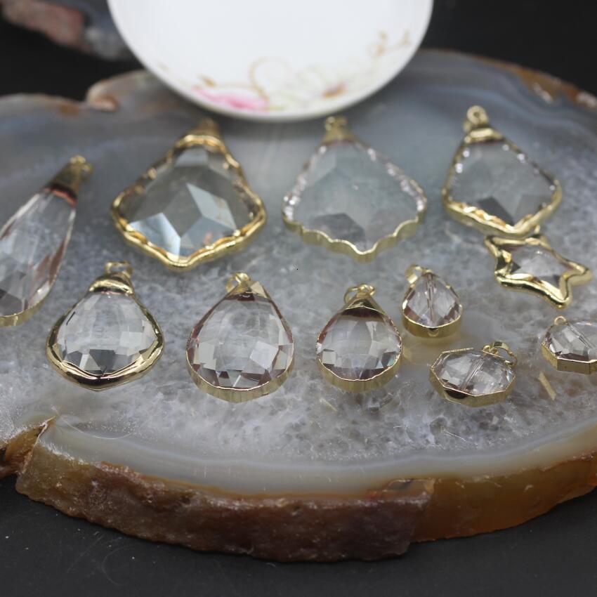 Lockets 5PCS Lot 11 Shape Choice Bezel Glass Crystal Plating Gold Edged Pendants Earrings Faceted Clear Necklace Connectors Charms 230710