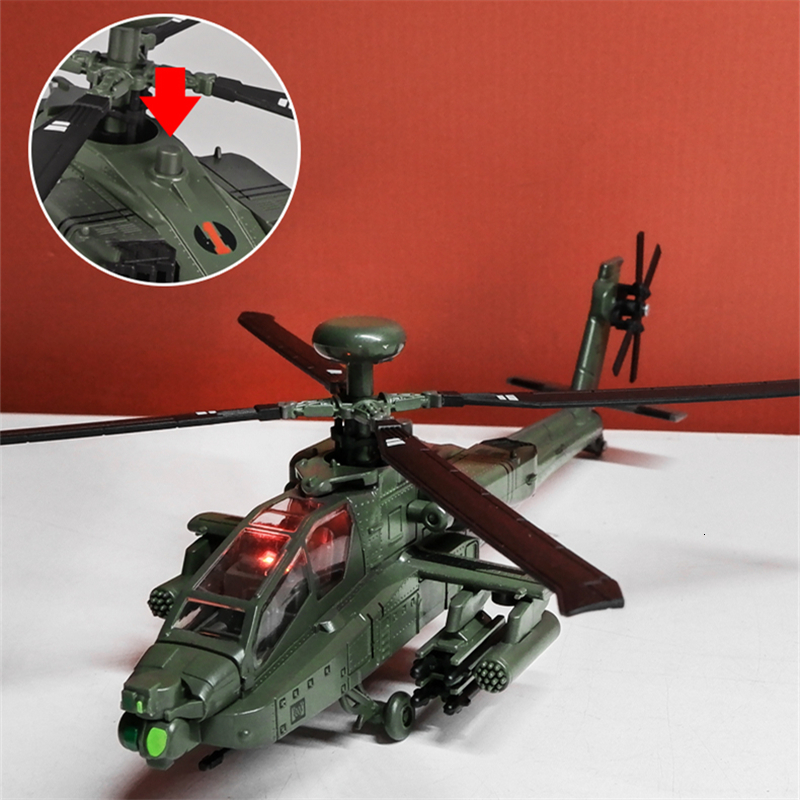 Aircraft Modle America AH 64 Apache Utility Alloy Helicopter Airplane Model Simulation Metal Flying Sound and Light Children Toy Gift 230710