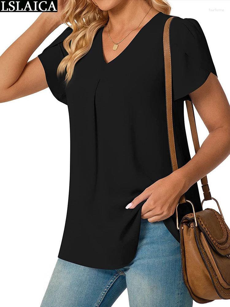 Women's V Neck Short Sleeve Solid Color Casual Blouse Tops Shirts Summer Polyester Work Office Clothes B4