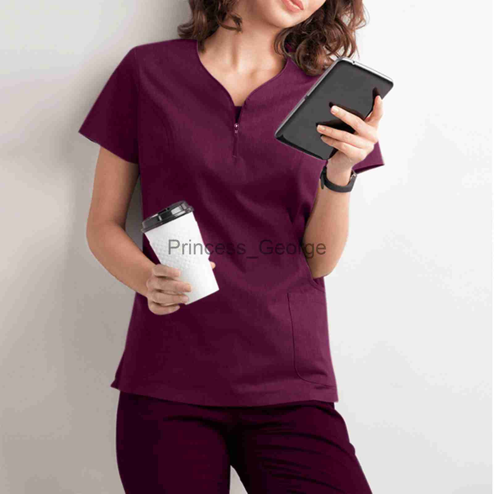 Others Apparel Women Short Sleeve Scrub Tops Solid Nurse Uniform VNeck Pocket Care Workers TShirt Tops Clinic Beauty Salon Working Clothing x0711