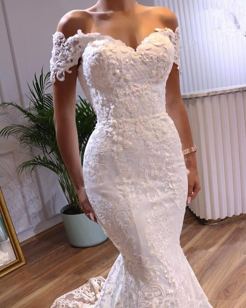2023 Elegant Mermaid Wedding Dresses Bridal Gown Short Sleeves Off Shoulder Lace Applique Sweep Train Custom Made Plus Size Formal Dress Vestido de no