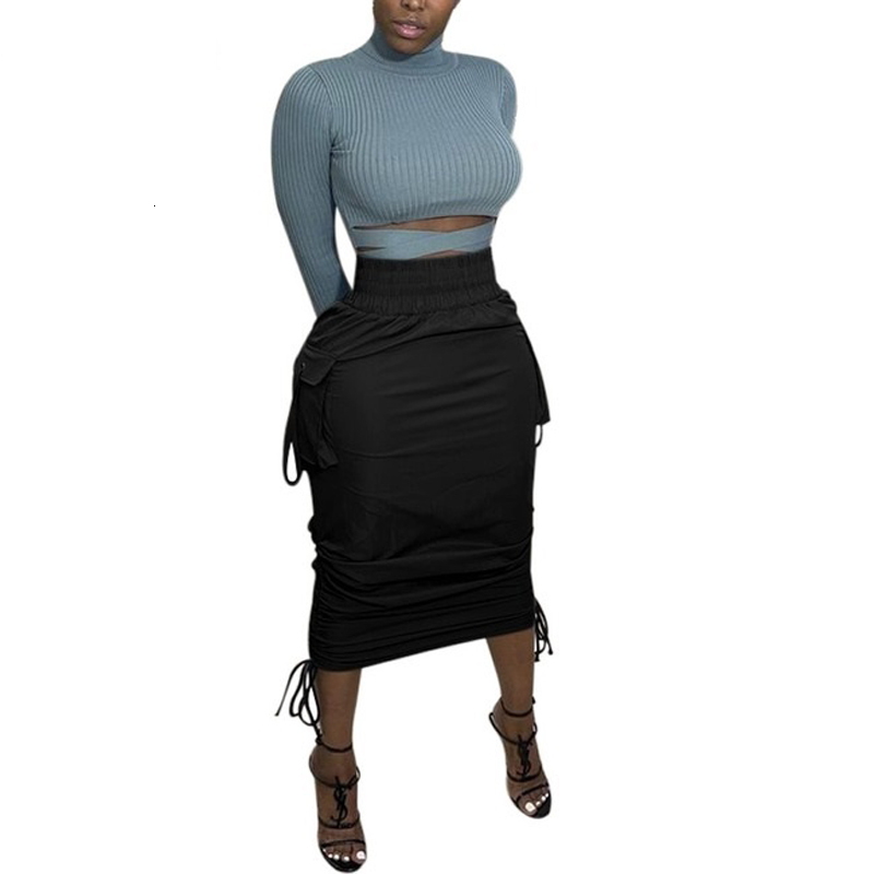 Skirts Drawstring Ruched High Waist Midi Skirts Women Pocket Summer Faldas Camo Paper Bodycon Pencil Skirt Female Jupes 230710