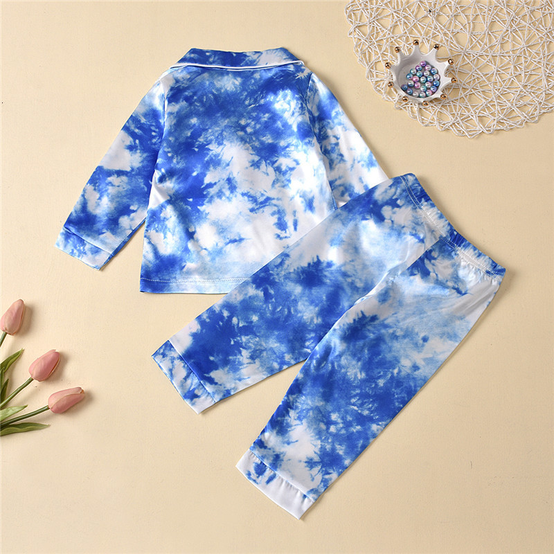 Pajamas Childrens Kids Pyjamas Silk Satin Tie Dye Print Button Tops Pants Autumn Long Sleeve Sleepwear Nightwear Girls Boys Pajama Sets 230710W240716