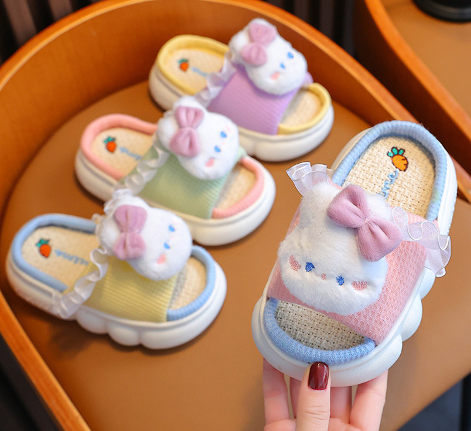Slipper Children's Girls Linen Bowknot Rabbit Slippers Cute Cartoon Home Comfortable Slippers Non-Slip Soft Breathable Flat Kids Slipper 230710
