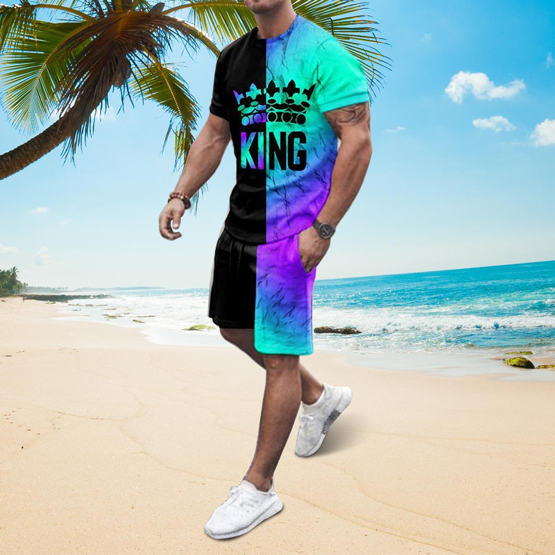 Men's Tracksuits Summer men's beach T-shirt suit Fashion track and field clothing Casual men's clothing Graffiti 3D printing short slee