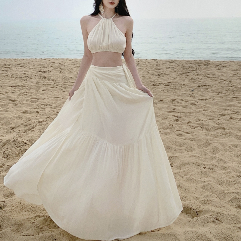 Womens halter neck sleeveless crop top vest and vent jag sexy maxi long skirt twinset 2 pc dress suit SMLXL